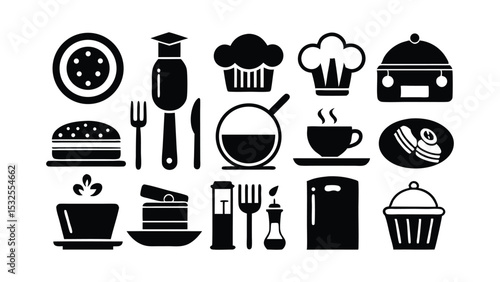 Black and white bakery food icon set featuring cupcakes, pastries, donuts, and dessert items perfect for menu designs, bakeries, cafés, and culinary projects.