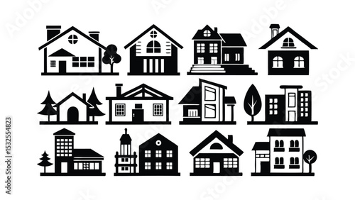 Black silhouette vector set of real estate and housing icons with buildings, apartments, and homes – ideal for real estate listings, property apps, and construction business visuals.
