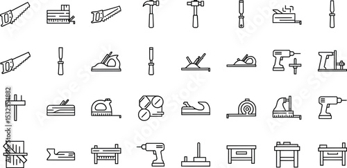 Carpenter Tools Line Art Icon Set - Editable Stroke Woodworking Vector Icons