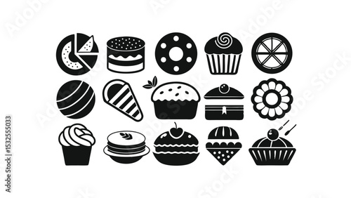 Collection of sweet food and dessert vector icons featuring cupcakes, donuts, rolls, and pastries in black silhouette style – ideal for cafes, bakeries, menu design, and food graphics.