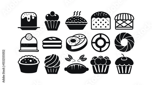 Dessert and bakery icon set with cupcakes, donuts, rolls, and sweet treats in bold black silhouette style – ideal for food menus, cafe branding, baking blogs, and patisserie designs.