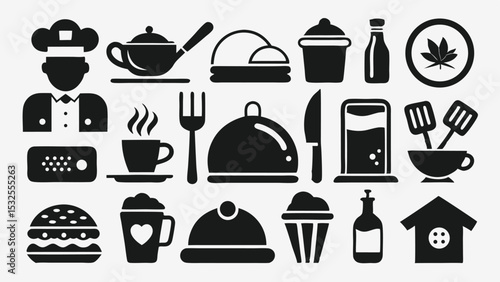 Restaurant and dining icon set in black silhouette style featuring tea, covered dishes, drinks, utensils, and desserts – ideal for cafe branding, menu design, and hospitality visuals.
