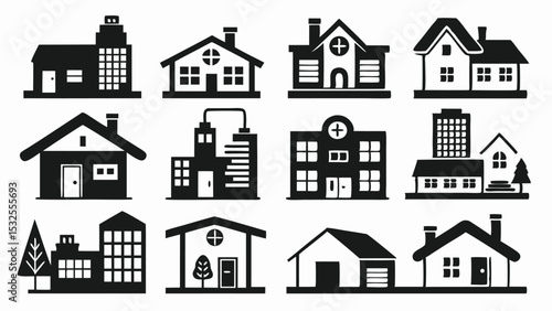 Flat suburban and city house icon collection showing various residential buildings in black and white outline vector format