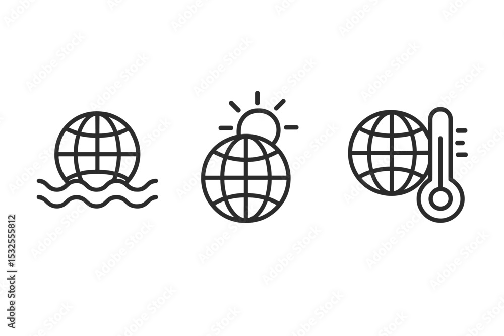 Climate change icons: rising sea levels, global warming, temperature increase symbols Climate change icons: rising sea levels, global warming, temperature increase symbols