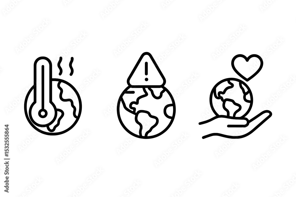 Obraz premium Global warming icons: thermometer, warning, and heart motifs