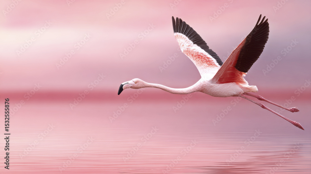 Fototapeta premium Flamingo gliding gracefully above calm pink lagoon with soft reflections and serene pastel sky, showcasing elegant wings and slender legs in flight