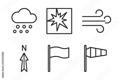 Weather symbols: cloud, lightning, wind, north, flag, windsock on textured background