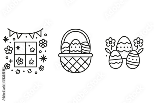 Easter icons: basket of eggs and floral decor in simple black outline