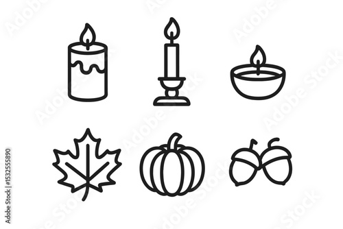 Autumn symbols: candle, leaf, pumpkin, acorns on dark background