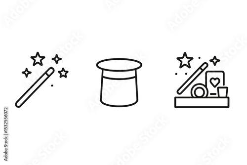 Magic wand, hat, and trick set icons on gradient background