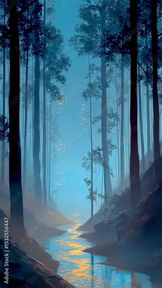 custom made wallpaper toronto digitalSerene twilight scene, a narrow stream reflects golden light amid tall, dark blue trees under a soft blue sky. Mist adds a mystical feel. Tranquil, peaceful mood.