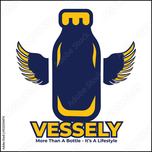 vessely logo vector design with bottle in yellow and blue color. suitable for logo, icon, poster, advertisement, banner, company, t-shirt design, sticker, website.