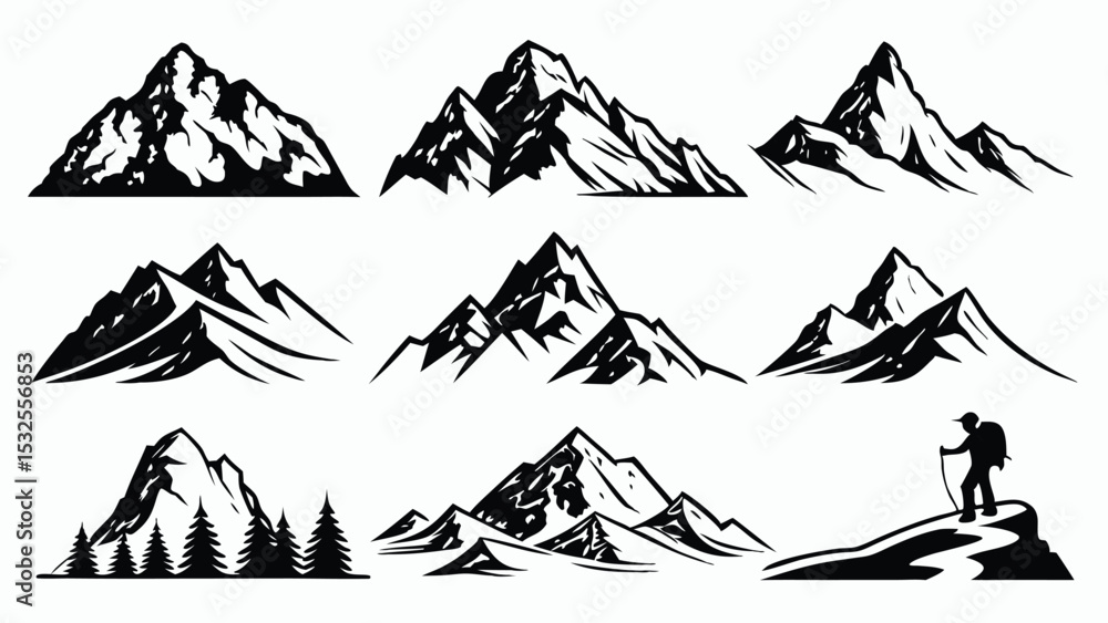Fototapeta premium Set of mountain landscape silhouette vectors with trees and hikers, perfect for nature illustrations, outdoor adventure themes, camping, 