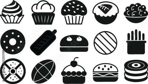 Sweet Dessert and Bakery Icon Collection – Includes Cupcakes, Donuts, Muffins, Cakes and Baked Goods in Black and White for Baking Blogs, Cafes and Bakery Branding Projects