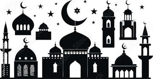 Beautiful Mosque Silhouette with Crescent Moon Vector – Islamic Architecture Symbol for Eid, Ramadan, Holy Nights, Prayer Materials, Spiritual Artwork and Middle Eastern Design