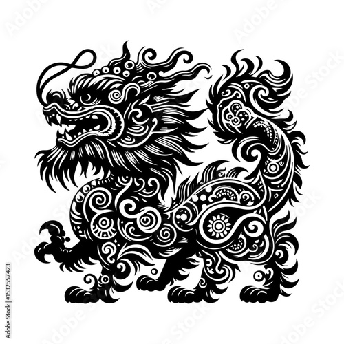 Majestic Chinese dragon silhouette logo with intricate scale patterns and flowing whiskers in ornate monochrome vector