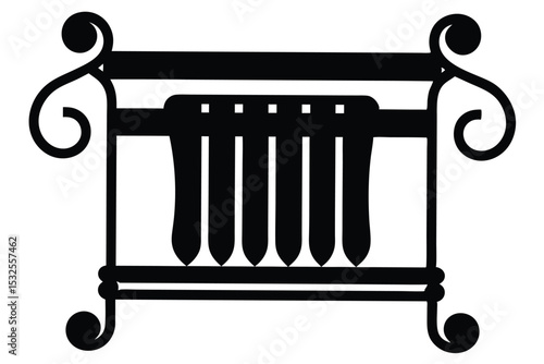 Black Ornamental Design with Curled Accents and Four Hanging Elements Silhouette