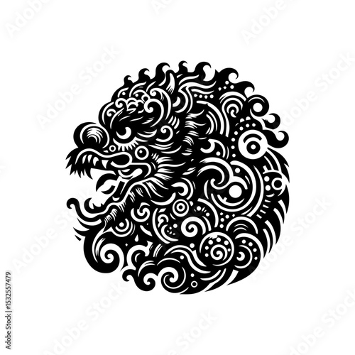 Majestic Chinese dragon silhouette logo with intricate scale patterns and flowing whiskers in ornate monochrome vector