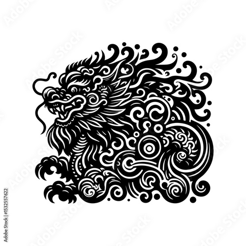 Majestic Chinese dragon silhouette logo with intricate scale patterns and flowing whiskers in ornate monochrome vector