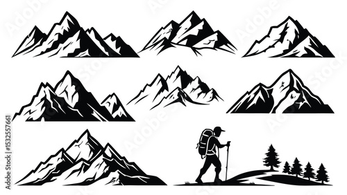 Set of mountain range silhouettes with snow and trees for nature, exploration, travel, and hiking themed visual or graphic design content.