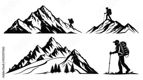 Adventurous mountain landscape silhouettes featuring skiers and natural elements ideal for hiking, tourism, ski resorts, and outdoor exploration-themed graphics.