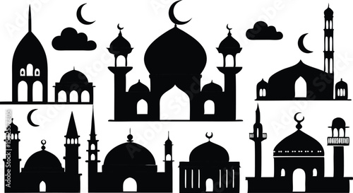 Collection of Islamic mosque silhouettes with domes, crescent moon, and star icons perfect for Eid Mubarak, Ramadan Kareem, and religious celebration vector art.