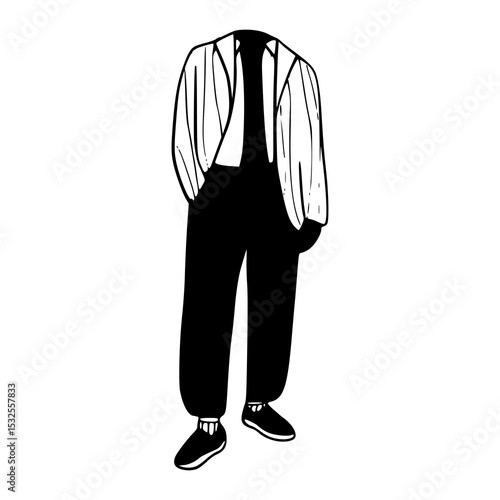 classic striped jacket and dark trousers outfit