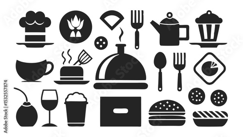 A collection of black silhouette icons representing restaurant, kitchen utensils, cutlery, food items, and drink elements for culinary, hospitality, or food service use.