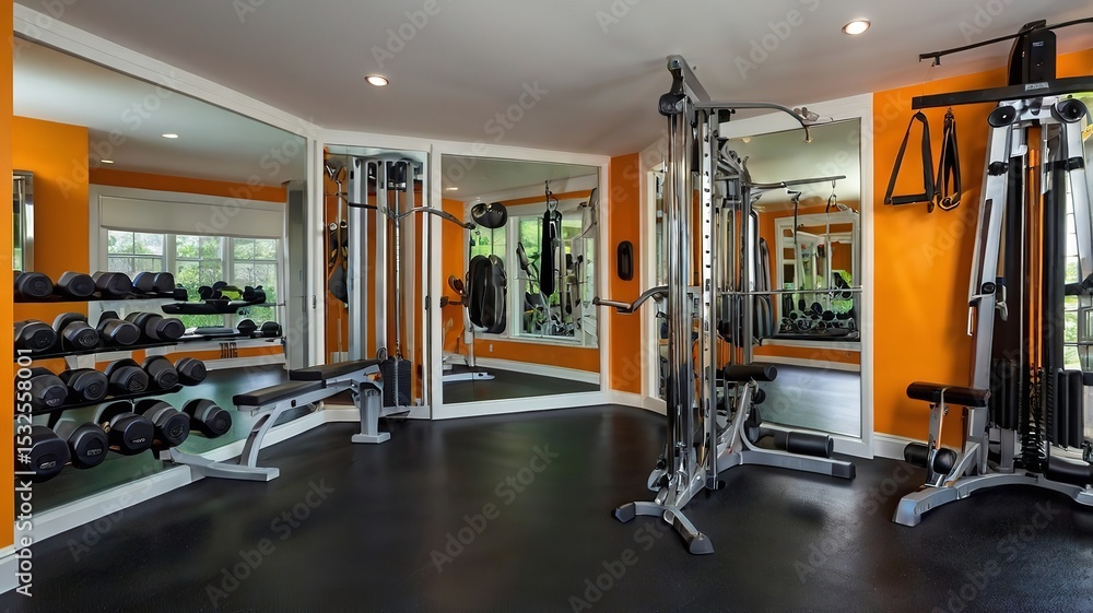 custom made wallpaper toronto digitalA home gym with a variety of equipment, mirrored walls and rubber flooring.