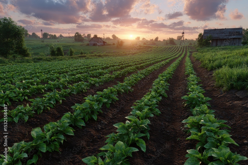 Scenic farmland sunrise landscape with crops and farmhouses Scenic farmland sunrise landscape with crops and farmhouses