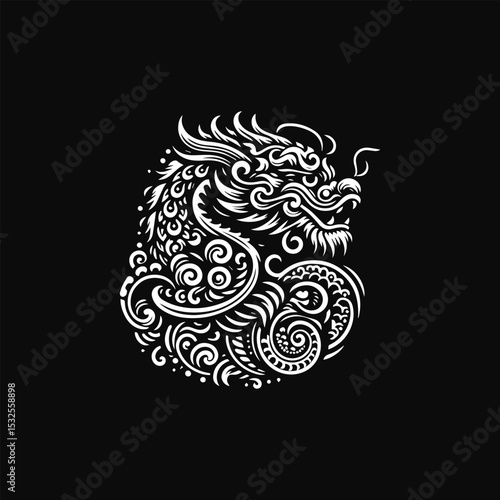 Wallpaper Mural Circular white outline of a powerful Chinese dragon head with ornate swirling patterns on black background. Culture concept Torontodigital.ca