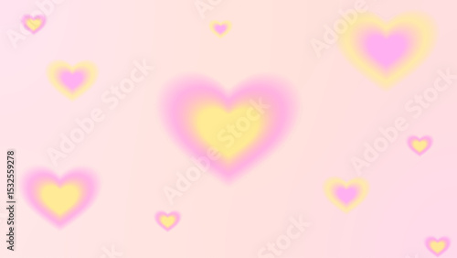 trendy background with gradient aura blur y2k hearts of different colors and shapes.