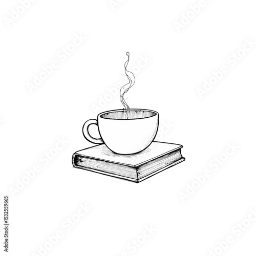 Hand-drawn coffee cup with steam placed on an open book  