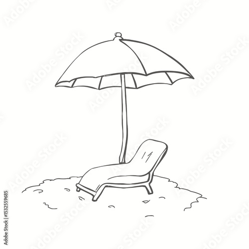 Beach lounger with large umbrella on sandy shore in summer  