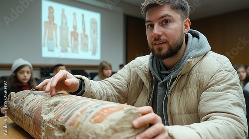 Student showing ancient artifact