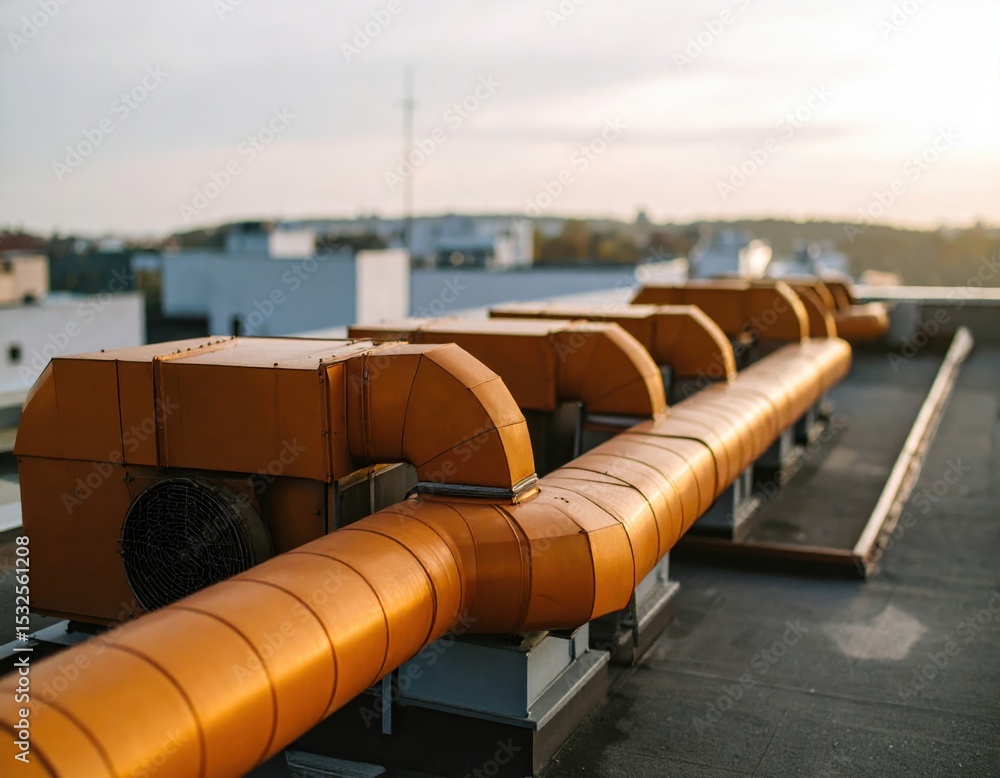 Close-up of an industrial rooftop ventilation system with orange ducts on a city building during sunset. Close-up of an industrial rooftop ventilation system with orange ducts on a city building during sunset.