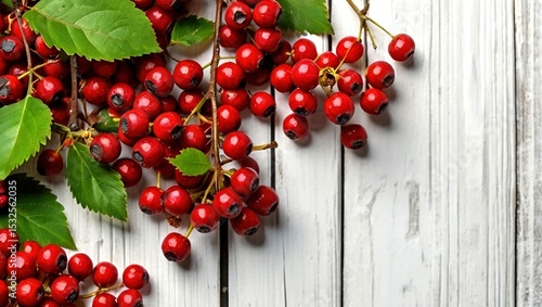 Hawthorn Berries - Red Berries on White Wood
