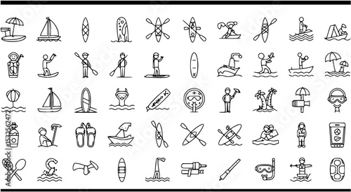 Water recreation, sport and other activities icon set with adjustable line weight for depicting various lake, sea, ocean, river, pool activities.
