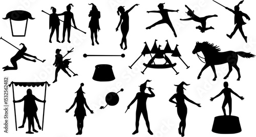 Circus silhouettes set, large pack of vector silhouette design, isolated white background
