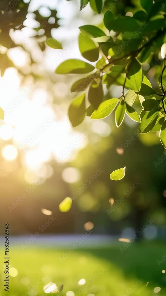 Bright sunny scene with green leaves, sunbeams, bokeh, lawn, and falling leaf elements creating a tranquil and ethereal atmosphere Bright sunny scene with green leaves, sunbeams, bokeh, lawn, and falling leaf elements creating a tranquil and ethereal atmosphere