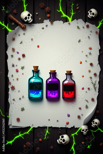 Magic potion bottles on spooky Halloween paper