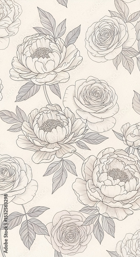 Fototapeta premium Gray floral pattern with peonies on cream background