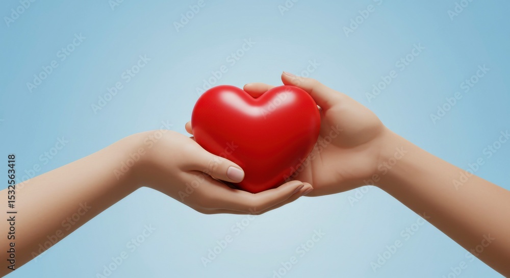 Fototapeta premium Two hands gently hold a vibrant red heart against a soft blue backdrop. A symbol of care and affection