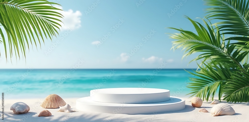 Obraz premium Beach podium display with palm fronds