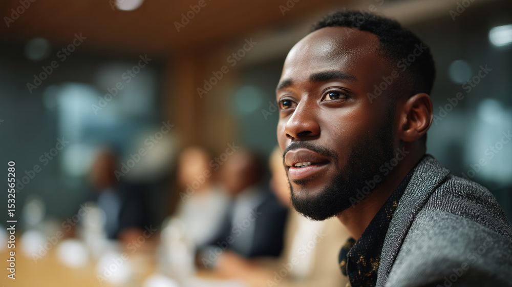 Confident professional speaking during an office meeting in a modern workspace Confident professional speaking during an office meeting in a modern workspace
