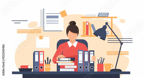Woman Office Worker Managing Documents Filing Data at Desk Illustration