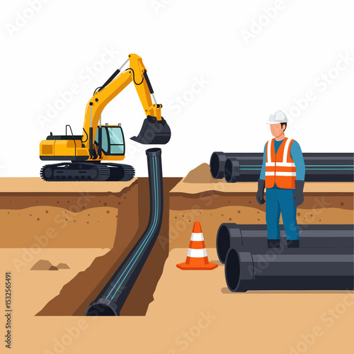 Pipeline Installation Project With Heavy Equipment And Construction Worker