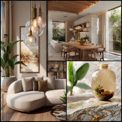 A Luxurious interior design featuring cozy living room with round sofa, elegant dining area, and stylish decor. Natural light enhances warm atmosphere, creating serene space