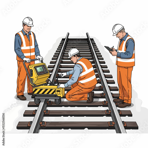 Railway Track Inspection Team Inspecting Railroad with Testing Equipment