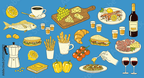 Delicious Food Still Life Composition Featuring Various Gourmet Delicacies